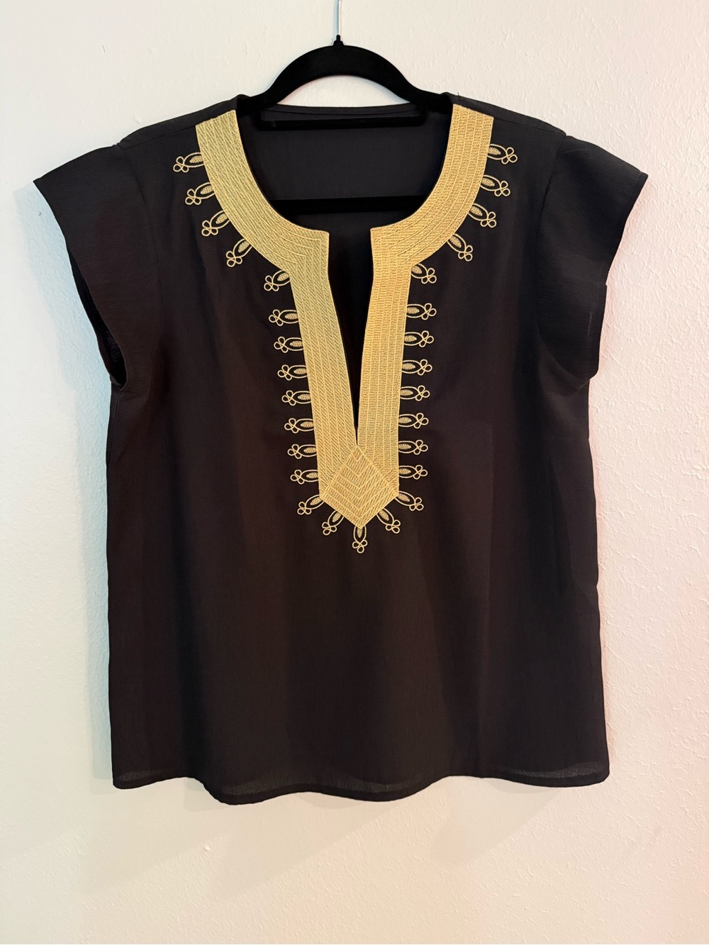 Black Gold Embroidered Tunic Top Sheer Boho Blouse M
